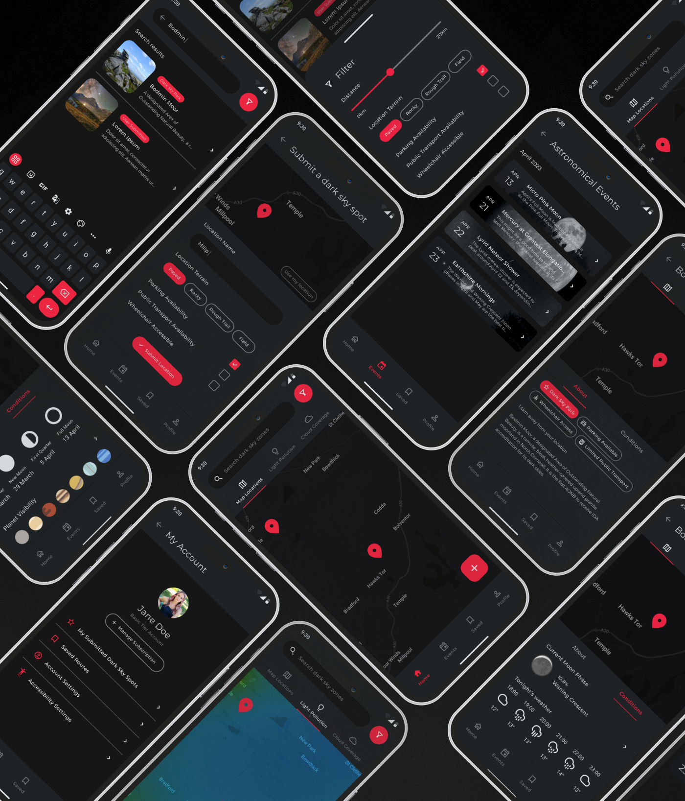 Various screenshots from the Dark Skies app prototype