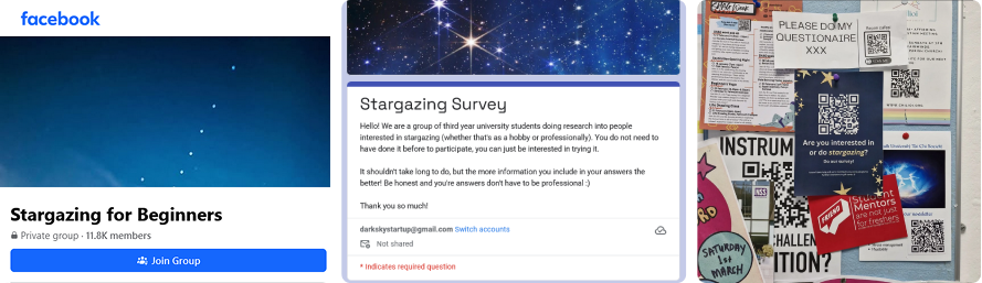 Screenshot of Facebook stargazing group, the survey we conducted and a photo of a QR code for people to conduct our survey